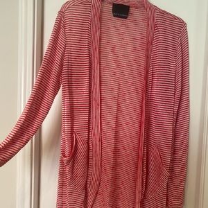 Red and white striped open front sweater